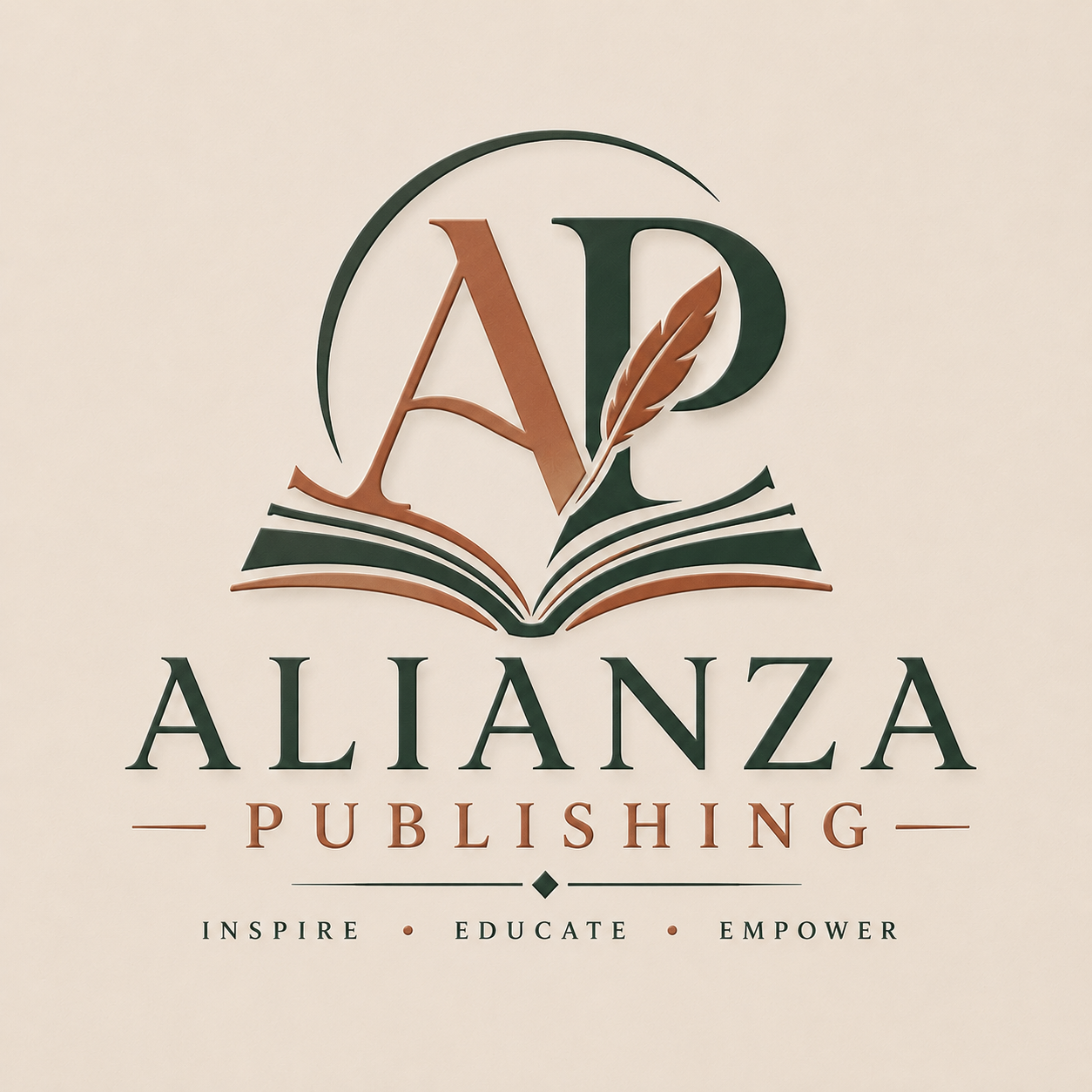 Alianza Publishing logo with an open book and quill