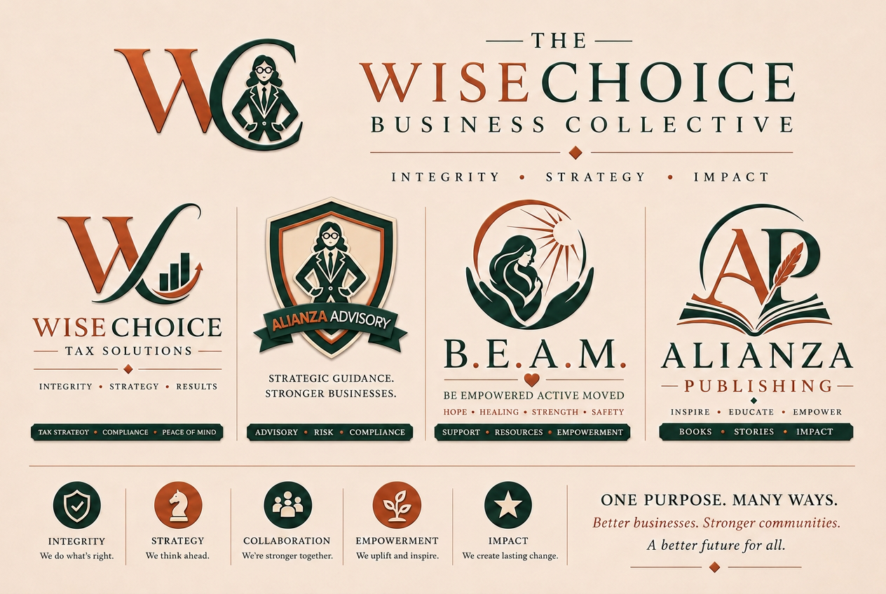 The WiseChoice Business Collective brand family: WiseChoice Tax Solutions, Alianza Advisory, B.E.A.M., and Alianza Publishing — one purpose, many ways.